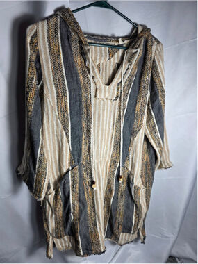 Women's Soft Surroundings Striped Hooded Sweatshirt, Size M, Beige/Grey boho